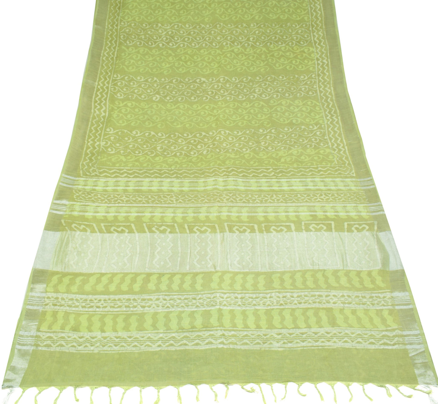 Sushila Vintage Pure Linen Premium Saree Green Batik Printed Sari Woven Fabric
