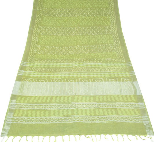 Sushila Vintage Pure Linen Premium Saree Green Batik Printed Sari Woven Fabric