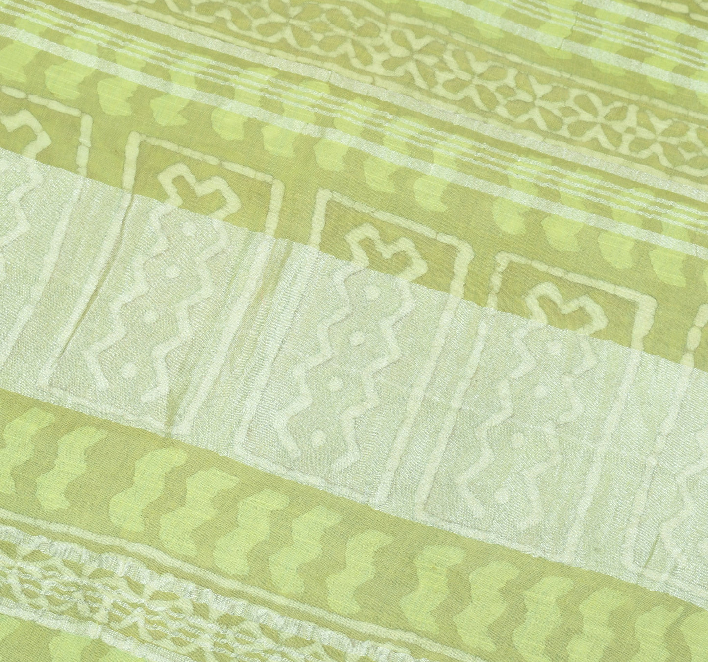 Sushila Vintage Pure Linen Premium Saree Green Batik Printed Sari Woven Fabric