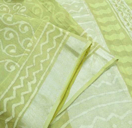 Sushila Vintage Pure Linen Premium Saree Green Batik Printed Sari Woven Fabric