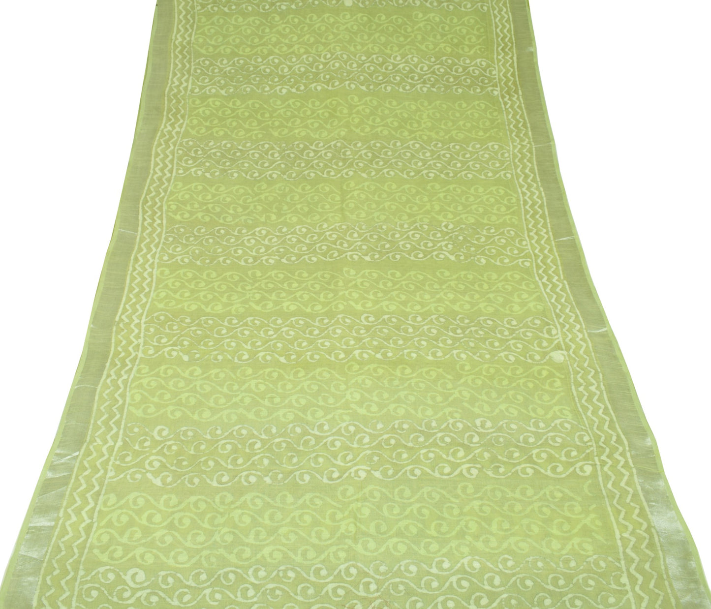 Sushila Vintage Pure Linen Premium Saree Green Batik Printed Sari Woven Fabric