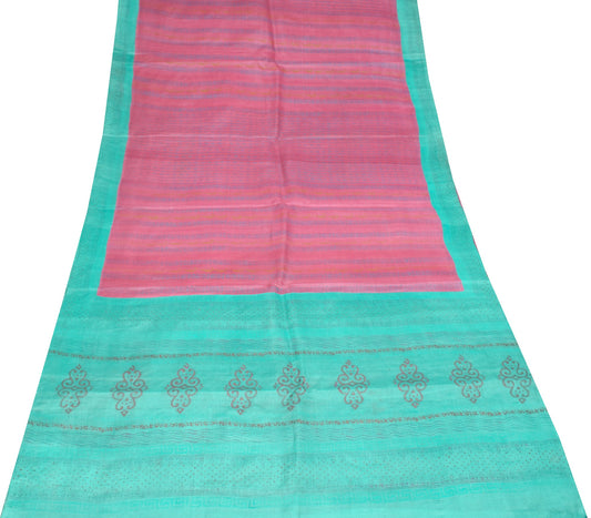 Sushila Vintage Pink Saree 100% Pure Tussar silk Hand Block Printed Sari Fabric