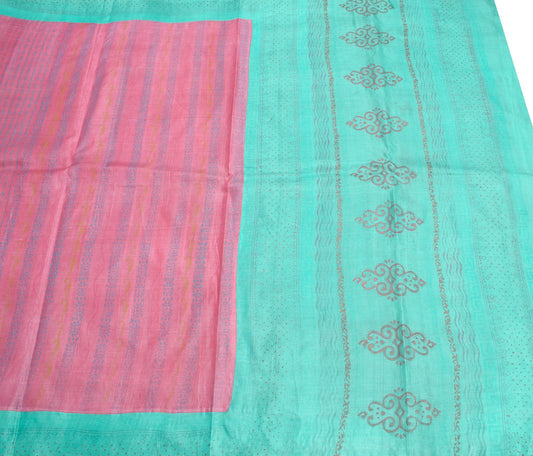 Sushila Vintage Pink Saree 100% Pure Tussar silk Hand Block Printed Sari Fabric