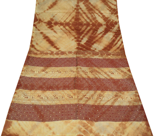 Sushila Vintage Brown Tie-Dye Saree 100%Pure Tussar Silk Embroidered Sari Fabric