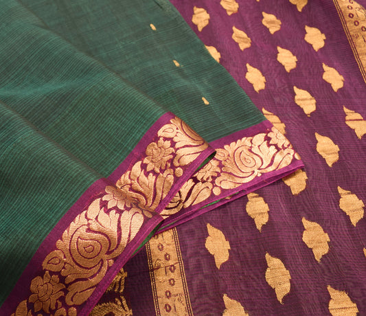 Sushila Vintage Dark Green Saree Pure Cotton Silk Zari Woven Premium Sari Fabric
