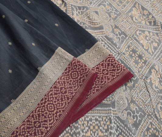 Sushila Vintage Black Hand Woven Saree 100% Pure Silk Floral Sari Soft Fabric