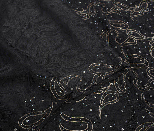 Sushila Vintage HEAVY Black Saree Pure Silk Self Woven & Embroidered Sari Fabric