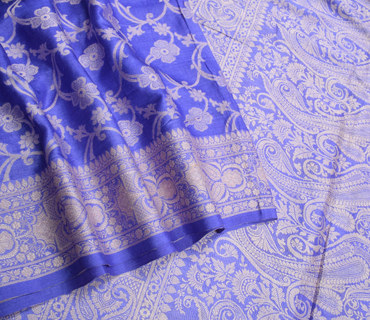 Sushila Vintage Blue Floral Saree Pure Tussar Silk All Over Woven Sari Fabric