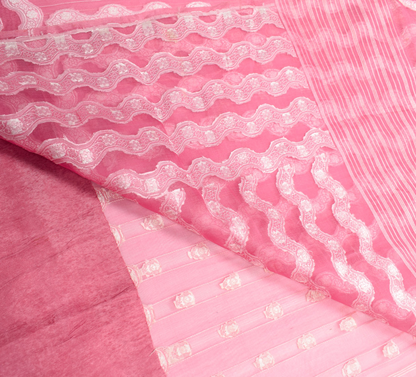 Sushila Vintage Pure Organza Silk Saree Pink All Over Woven Laheriya Sari Fabric