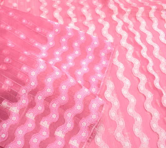 Sushila Vintage Pure Organza Silk Saree Pink All Over Woven Laheriya Sari Fabric