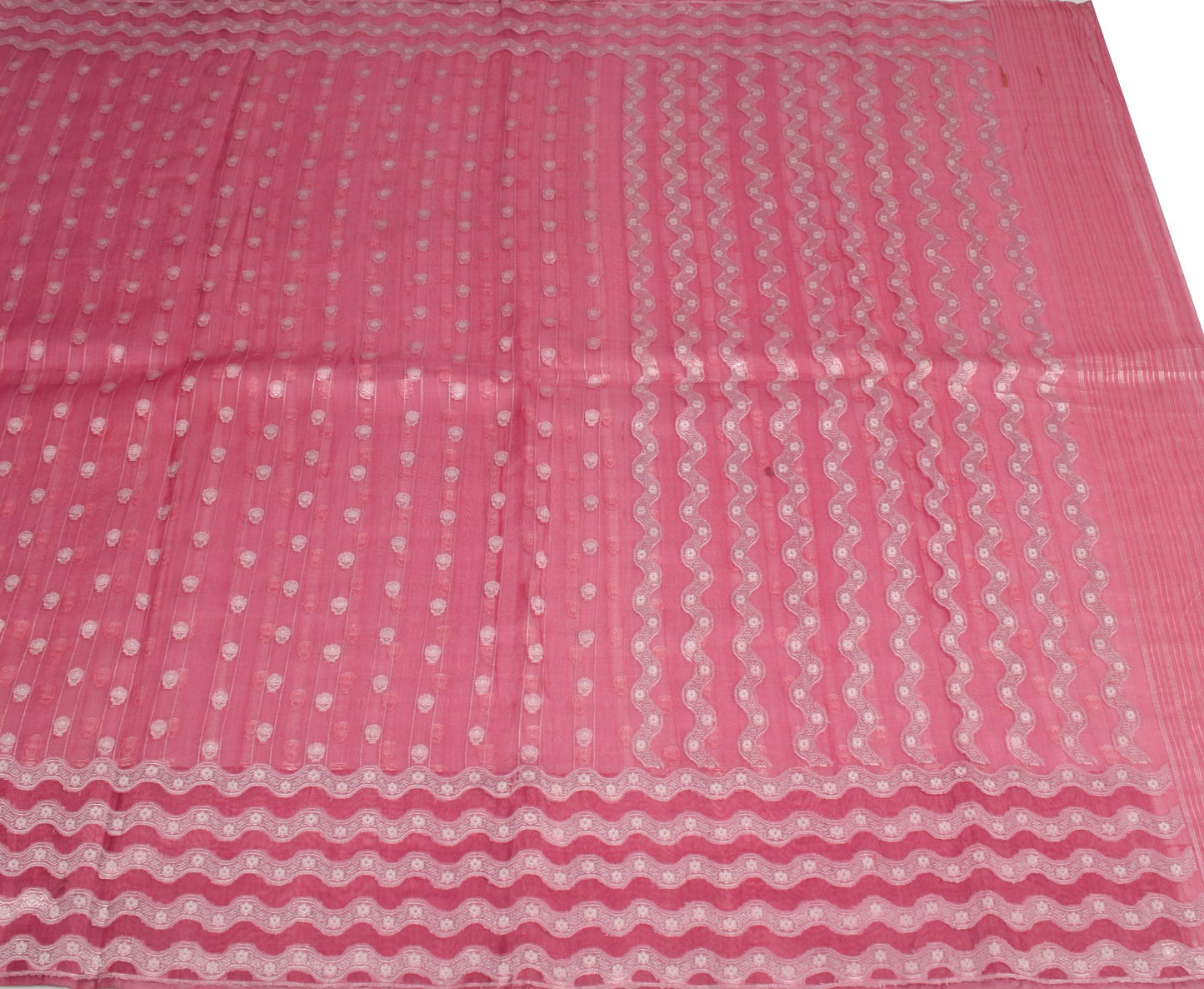 Sushila Vintage Pure Organza Silk Saree Pink All Over Woven Laheriya Sari Fabric