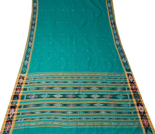 Sushila Vintage Teal Saree Pure Cotton Hand Woven Sambalpuri Ikat Sari Fabric