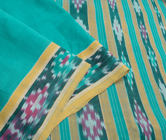 Sushila Vintage Teal Saree Pure Cotton Hand Woven Sambalpuri Ikat Sari Fabric