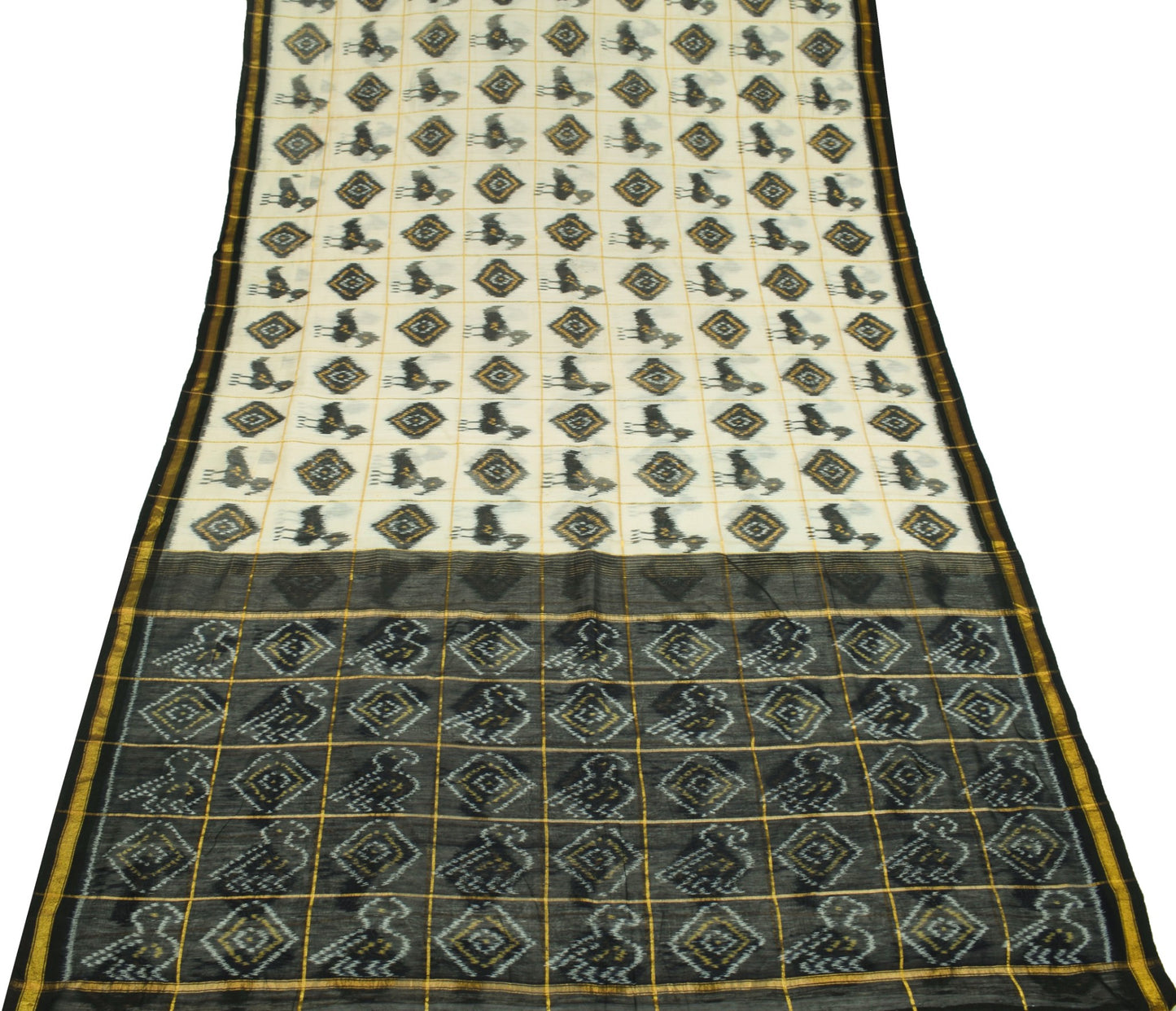 Sushila Vintage Cream Saree Pure Cotton Silk Hand Woven Pochampally Ikat Sari