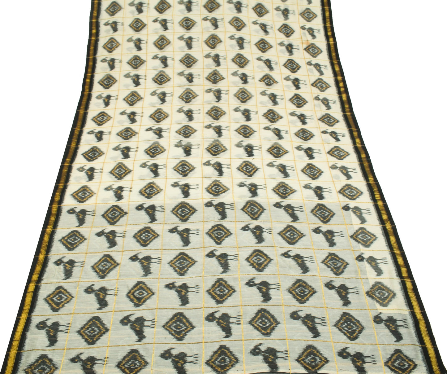 Sushila Vintage Cream Saree Pure Cotton Silk Hand Woven Pochampally Ikat Sari
