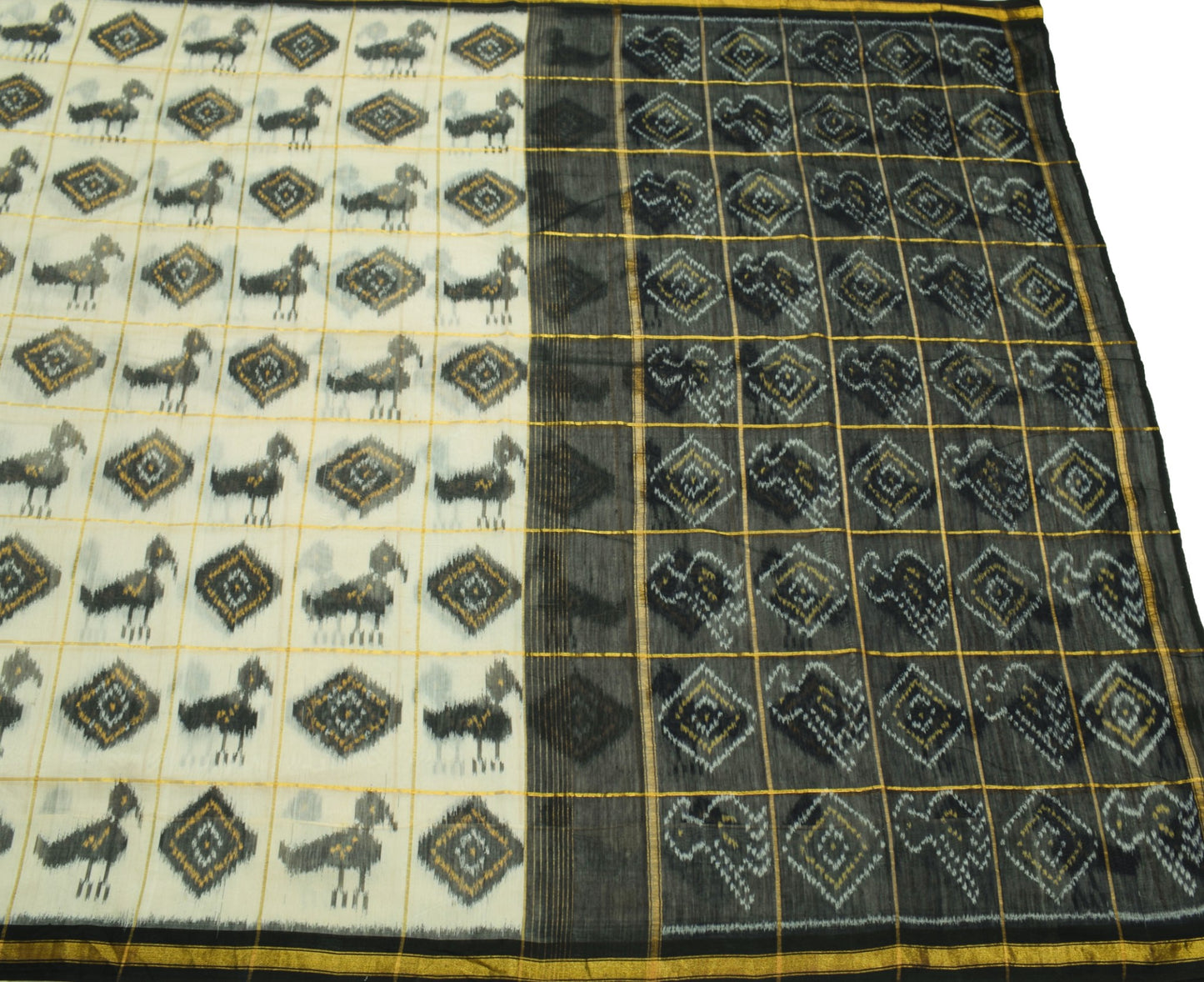 Sushila Vintage Cream Saree Pure Cotton Silk Hand Woven Pochampally Ikat Sari