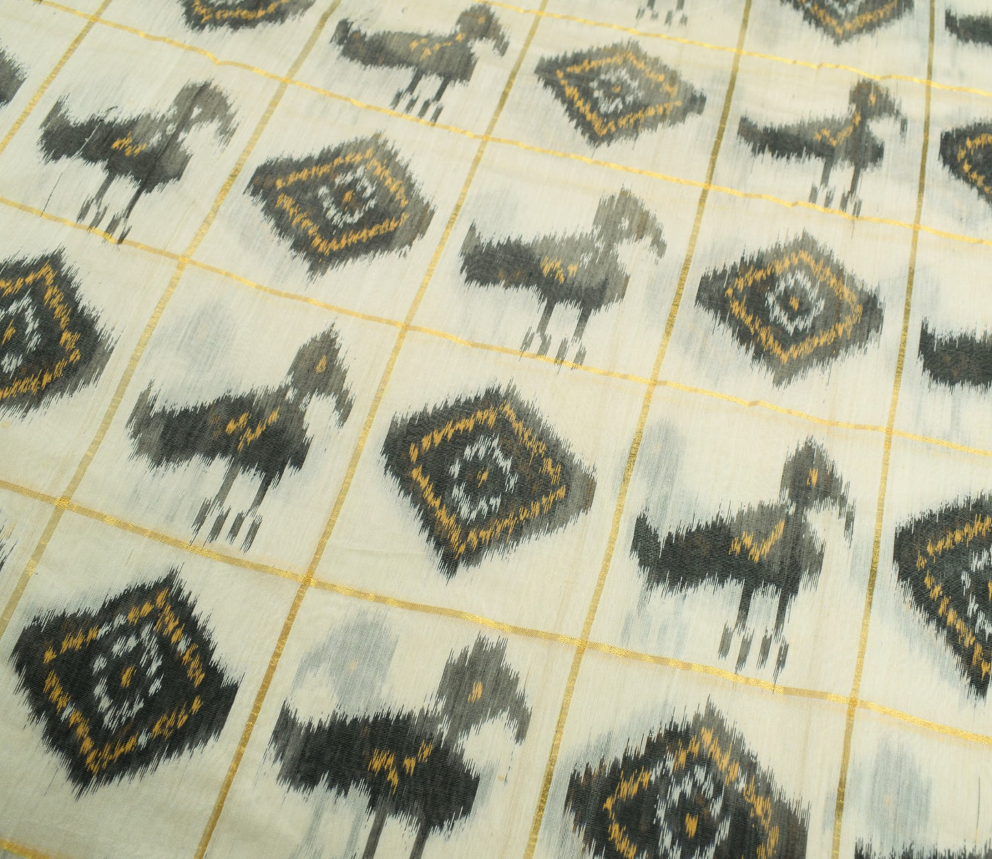 Sushila Vintage Cream Saree Pure Cotton Silk Hand Woven Pochampally Ikat Sari