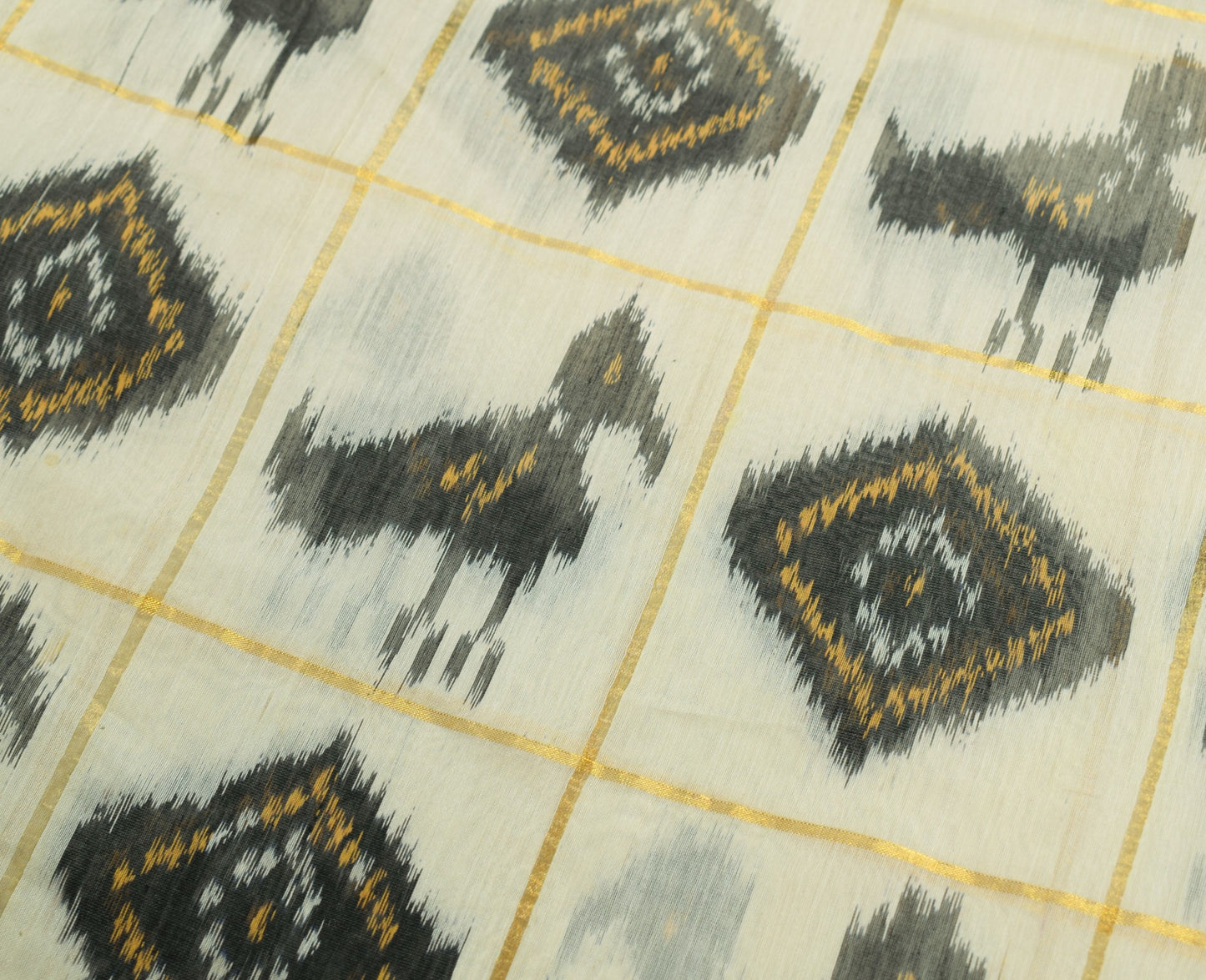 Sushila Vintage Cream Saree Pure Cotton Silk Hand Woven Pochampally Ikat Sari