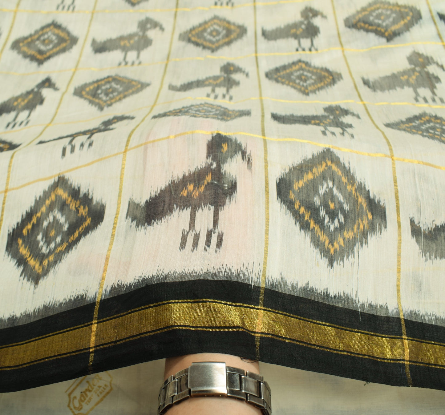 Sushila Vintage Cream Saree Pure Cotton Silk Hand Woven Pochampally Ikat Sari