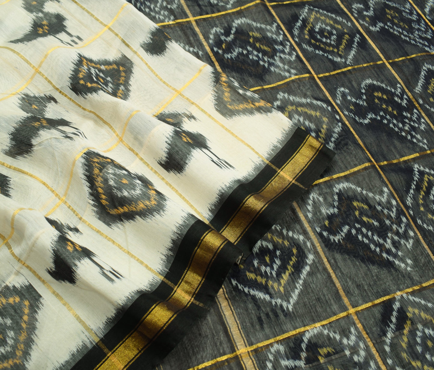 Sushila Vintage Cream Saree Pure Cotton Silk Hand Woven Pochampally Ikat Sari