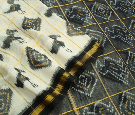 Sushila Vintage Cream Saree Pure Cotton Silk Hand Woven Pochampally Ikat Sari