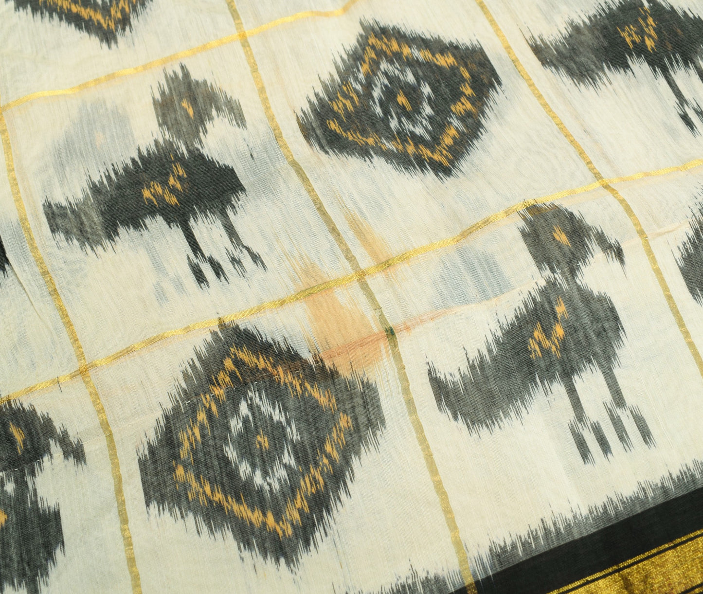 Sushila Vintage Cream Saree Pure Cotton Silk Hand Woven Pochampally Ikat Sari