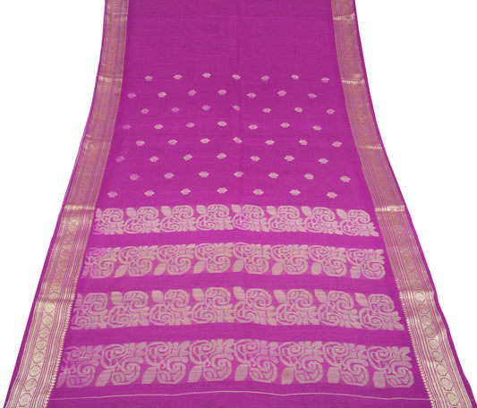 Sushila Vintage Magenta Saree Hand Woven 100% Pure Cotton Floral  Sari Fabric