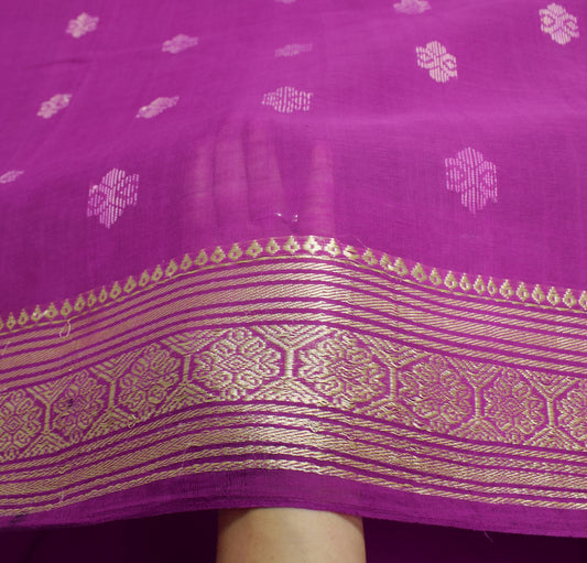 Sushila Vintage Magenta Saree Hand Woven 100% Pure Cotton Floral  Sari Fabric