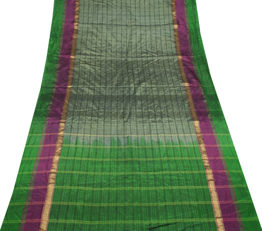 Sushila Vintage Grayish Green Saree Checks Woven Pure Silk Handloom Sari Fabric