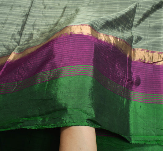 Sushila Vintage Grayish Green Saree Checks Woven Pure Silk Handloom Sari Fabric