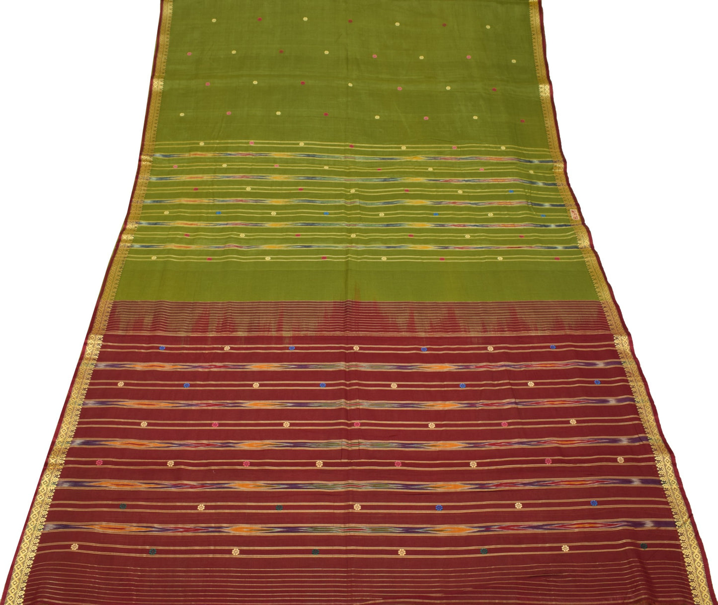 Sushila Vintage Green Saree Pure Cotton Hand Woven Ikat Patola Sari Craft Fabric