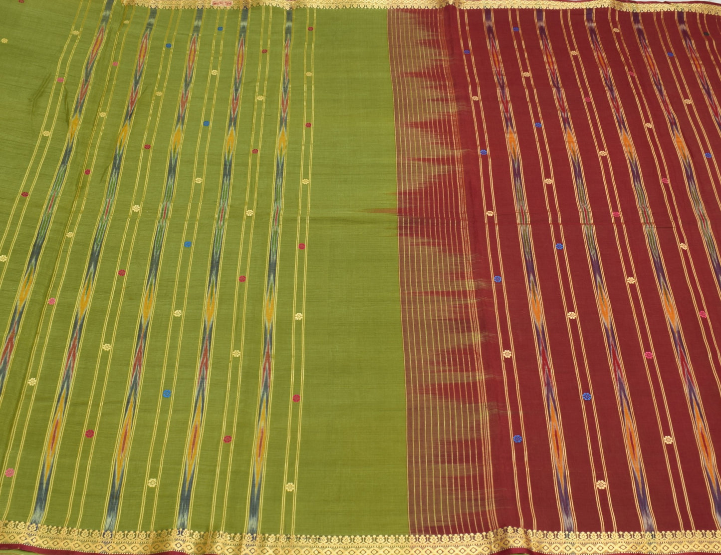 Sushila Vintage Green Saree Pure Cotton Hand Woven Ikat Patola Sari Craft Fabric