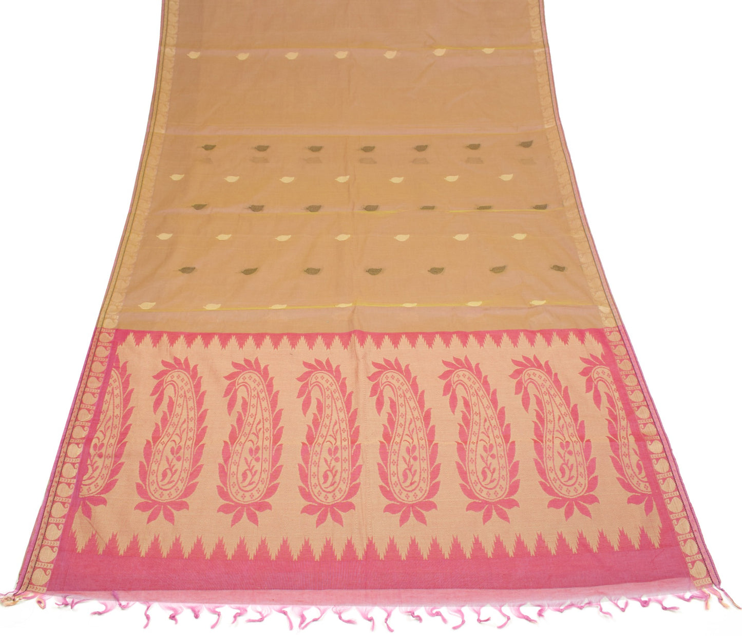 Sushila Vintage Green Pink Dual Toned Saree Pure Cotton Woven Leaves Sari Fabric