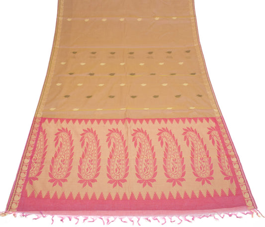 Sushila Vintage Green Pink Dual Toned Saree Pure Cotton Woven Leaves Sari Fabric