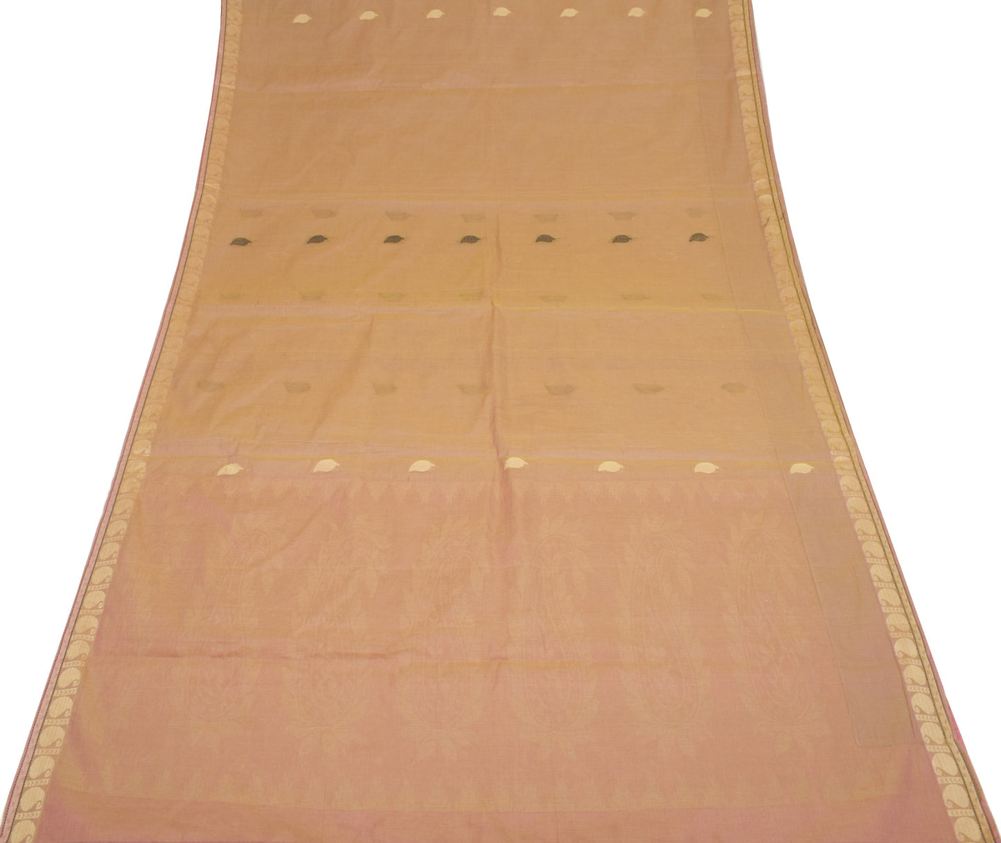 Sushila Vintage Green Pink Dual Toned Saree Pure Cotton Woven Leaves Sari Fabric