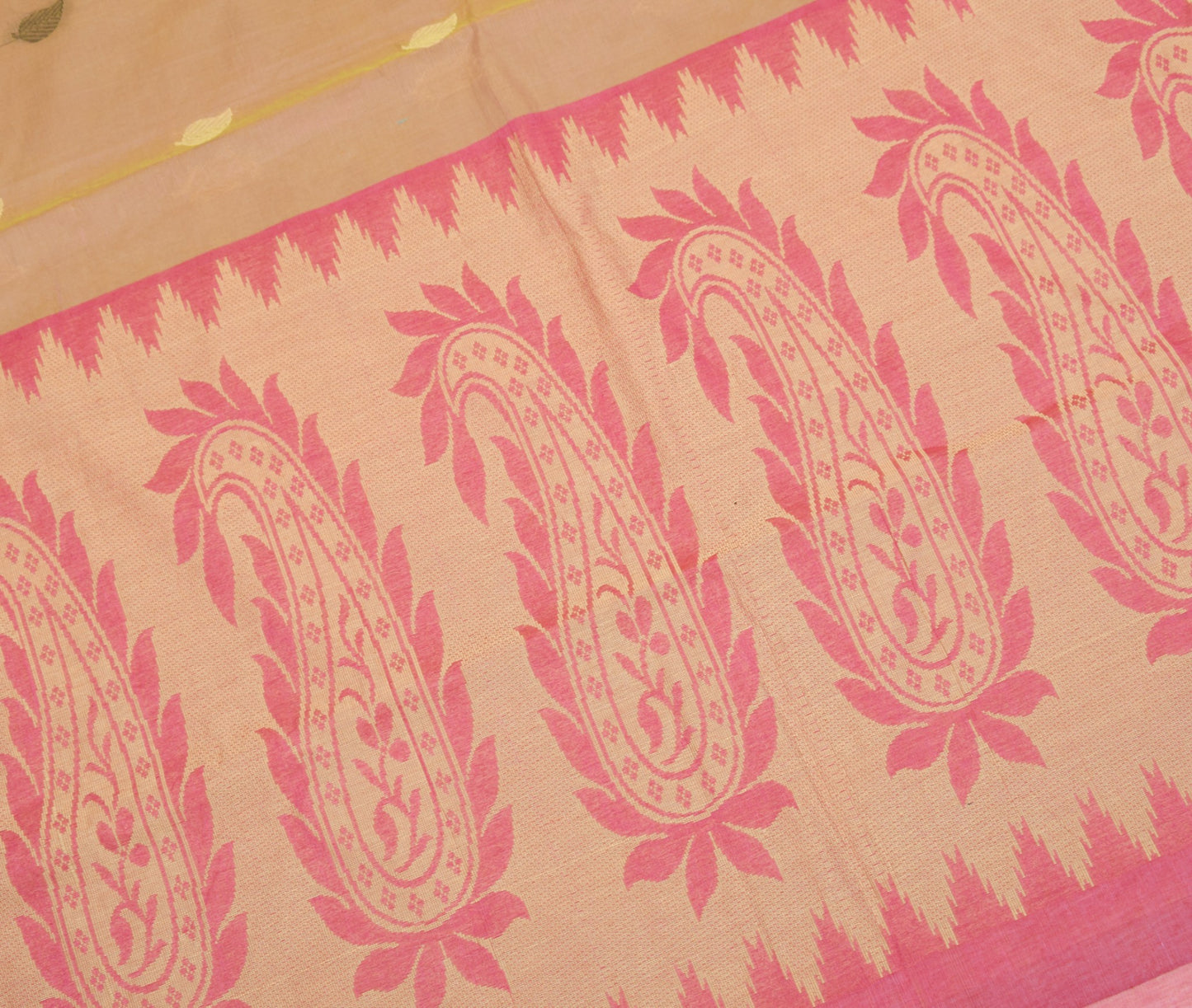 Sushila Vintage Green Pink Dual Toned Saree Pure Cotton Woven Leaves Sari Fabric
