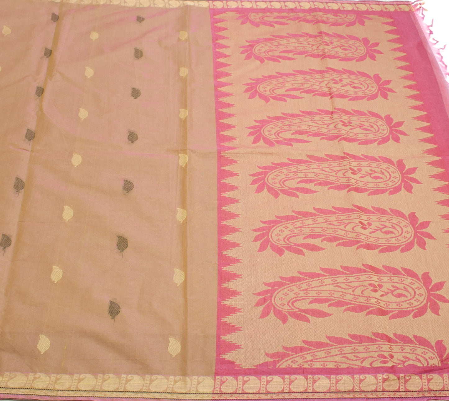 Sushila Vintage Green Pink Dual Toned Saree Pure Cotton Woven Leaves Sari Fabric