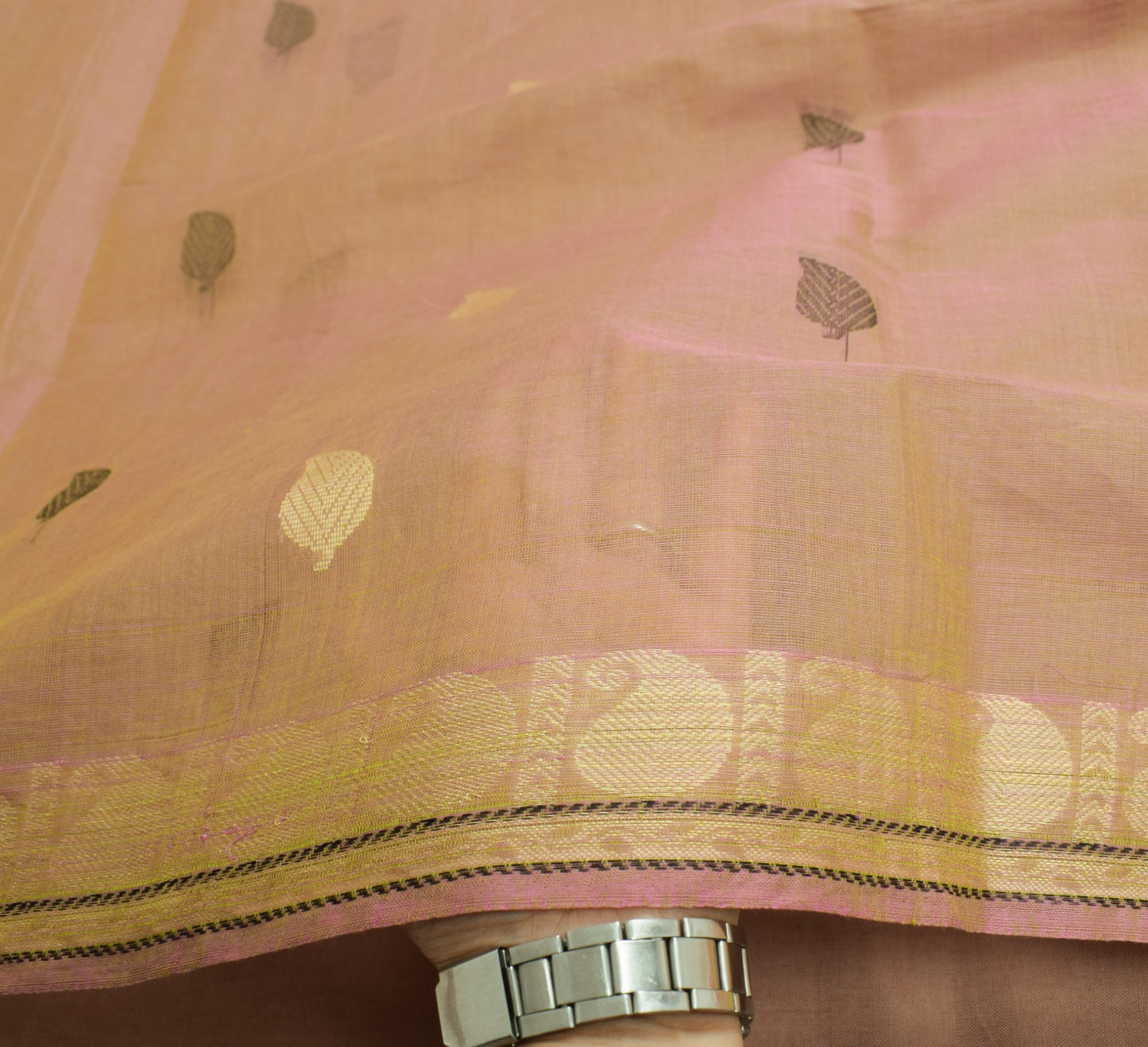 Sushila Vintage Green Pink Dual Toned Saree Pure Cotton Woven Leaves Sari Fabric