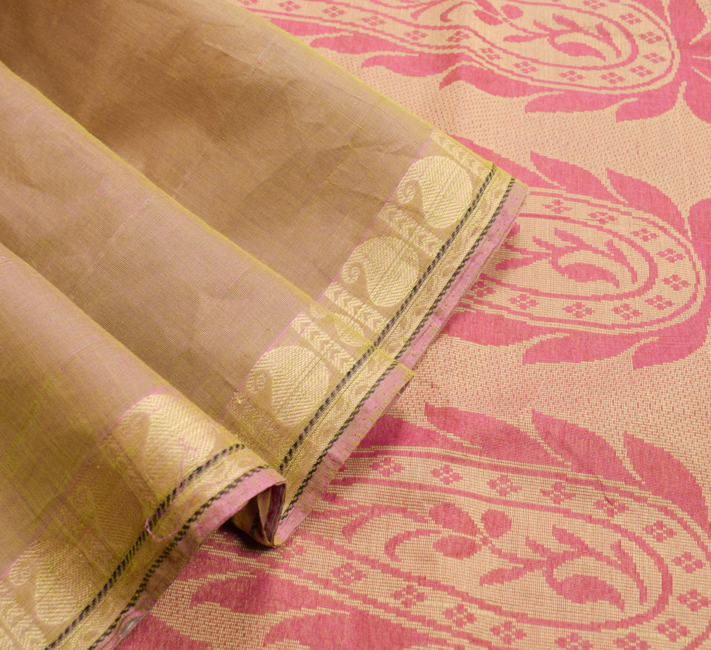 Sushila Vintage Green Pink Dual Toned Saree Pure Cotton Woven Leaves Sari Fabric