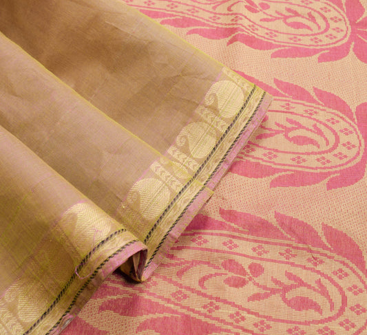 Sushila Vintage Green Pink Dual Toned Saree Pure Cotton Woven Leaves Sari Fabric