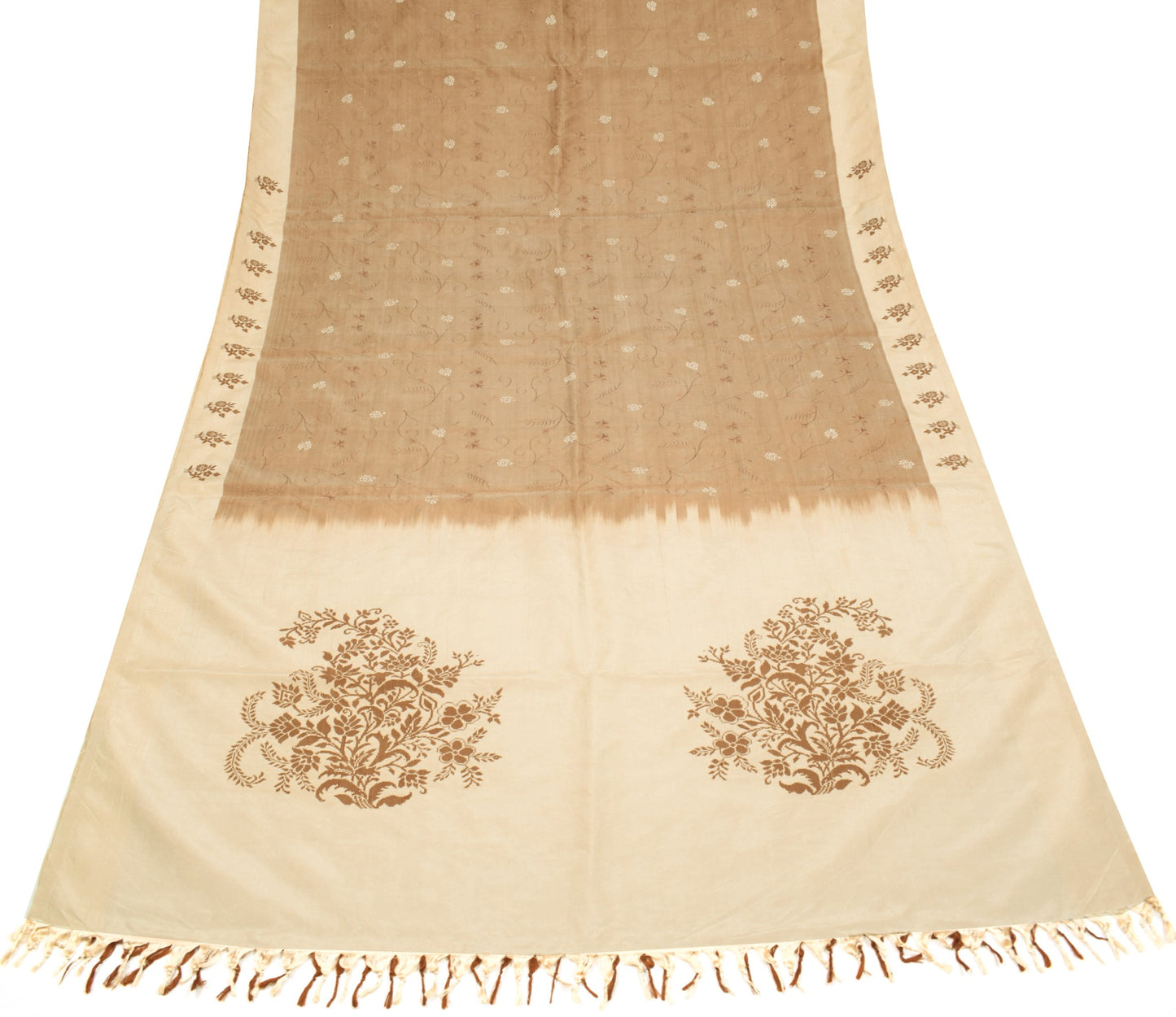 Sushila Vintage Brown Pure Silk Saree Hand Woven Embroidered Floral Sari Fabric