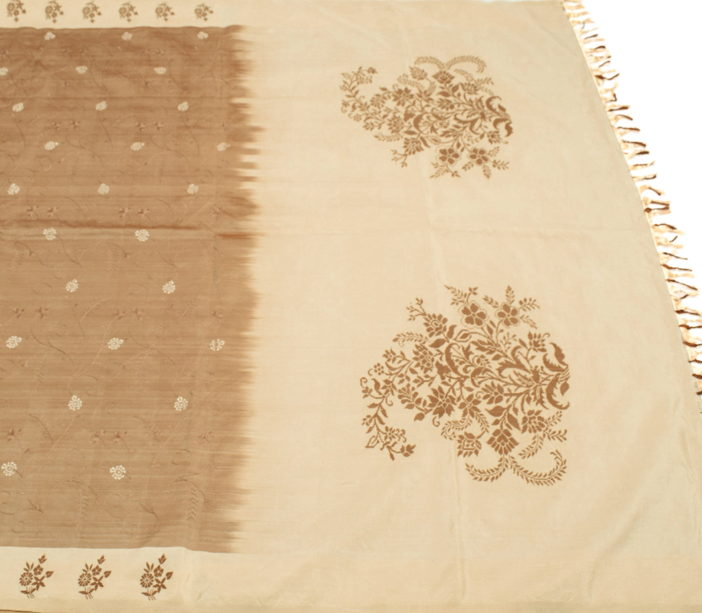 Sushila Vintage Brown Pure Silk Saree Hand Woven Embroidered Floral Sari Fabric