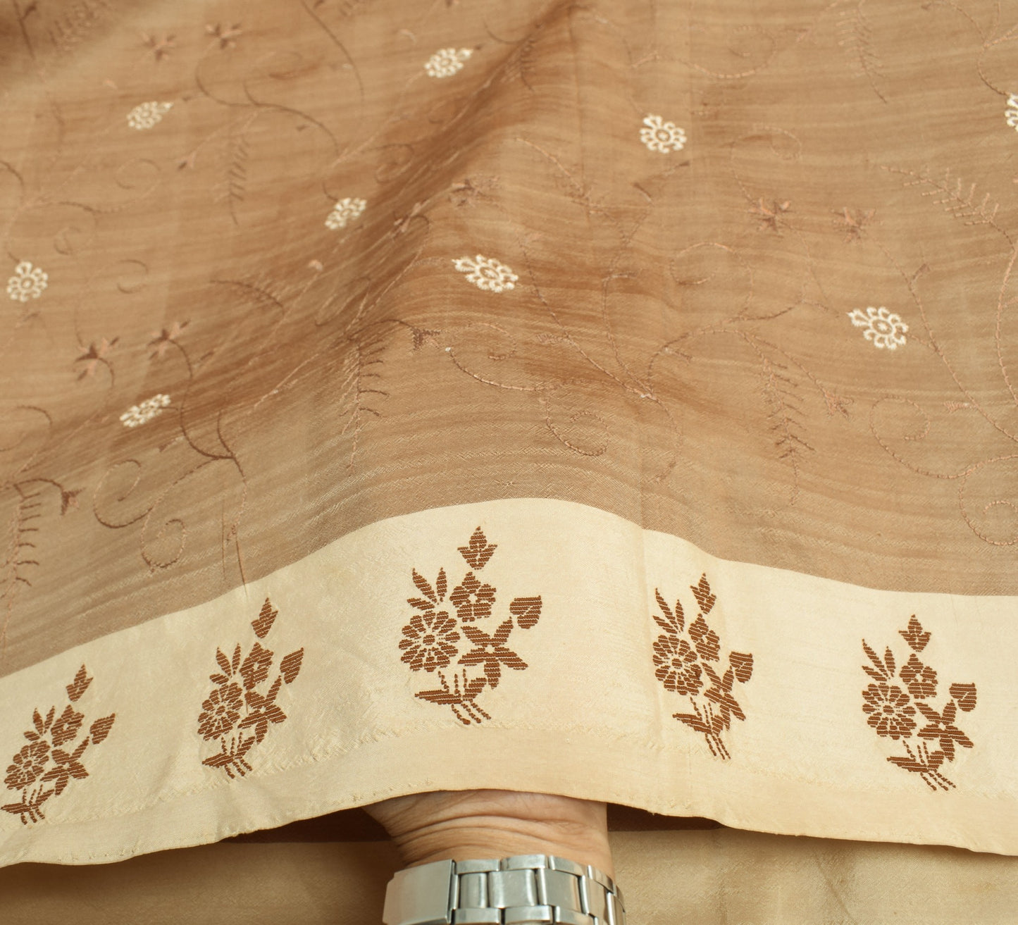 Sushila Vintage Brown Pure Silk Saree Hand Woven Embroidered Floral Sari Fabric