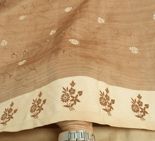 Sushila Vintage Brown Pure Silk Saree Hand Woven Embroidered Floral Sari Fabric