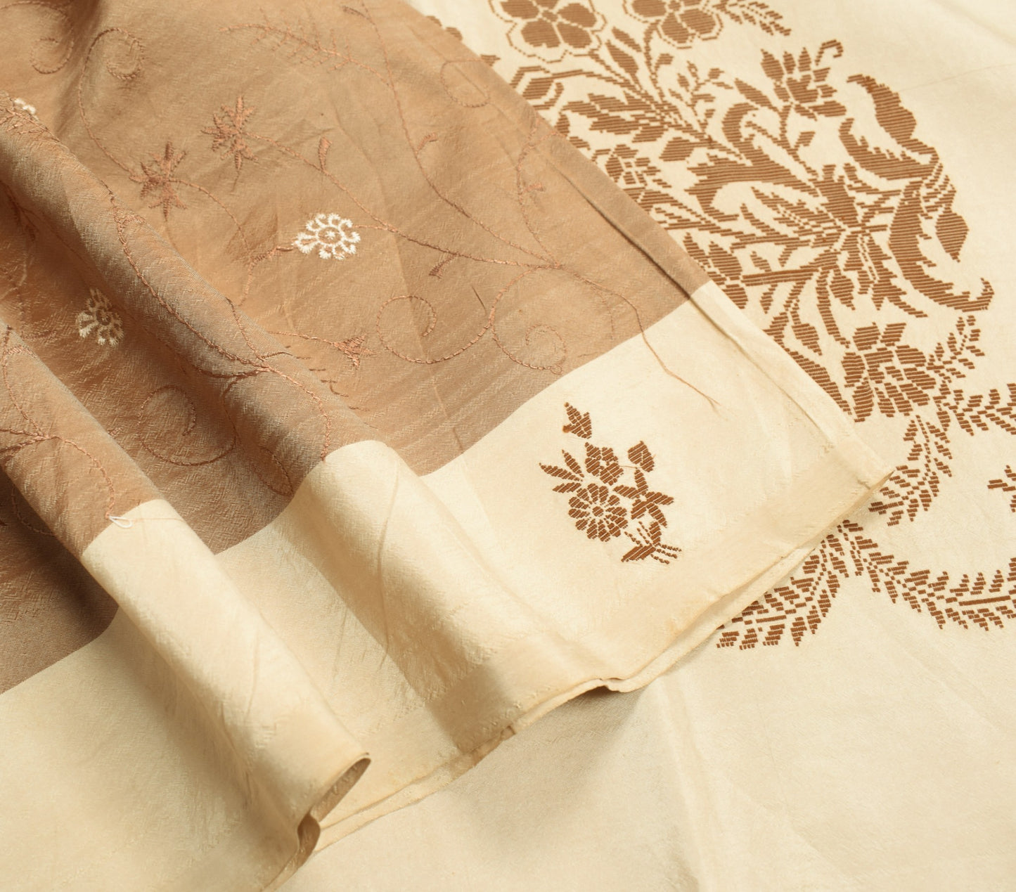 Sushila Vintage Brown Pure Silk Saree Hand Woven Embroidered Floral Sari Fabric
