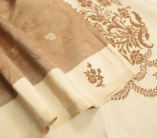 Sushila Vintage Brown Pure Silk Saree Hand Woven Embroidered Floral Sari Fabric