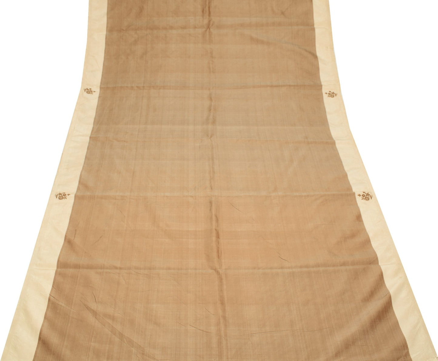 Sushila Vintage Brown Pure Silk Saree Hand Woven Embroidered Floral Sari Fabric