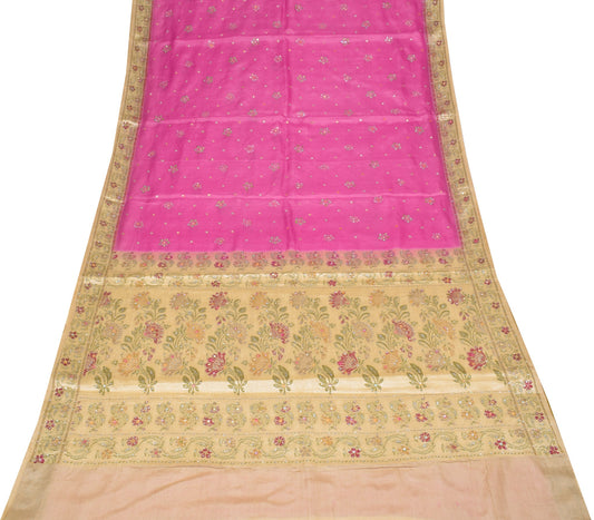 Sushila Vintage Fuchsia Pink Saree Pure Tussar Silk Woven Embroidery Sari Fabric