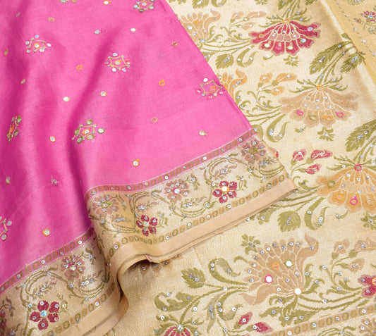 Sushila Vintage Fuchsia Pink Saree Pure Tussar Silk Woven Embroidery Sari Fabric