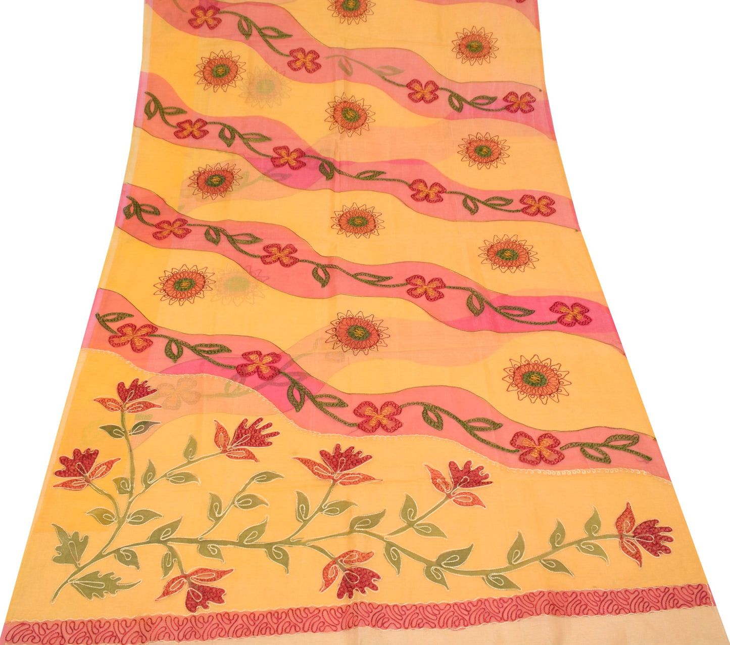 Sushila Vintage Chain Stitch Embroidery Saree Art Silk Yellow Floral Sari Fabric
